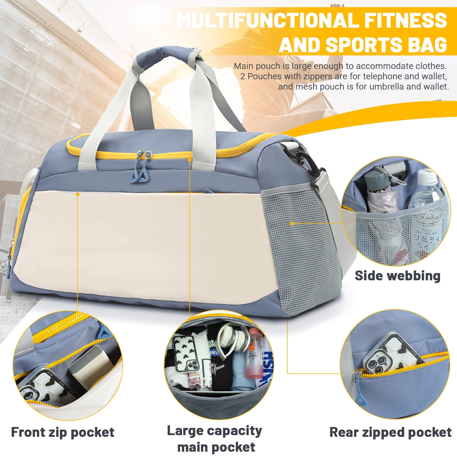 Sports Gym Bag with Wet Pocket & Shoe Compartment, Waterproof Travel Duffel Bags for Women Men, Weekender Carry on Overnight Tote Workout Bag for Yoga Swimming Hospital (Blue)