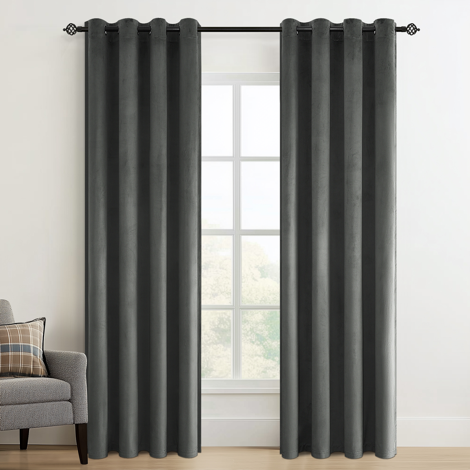 Topfinel 100% Blackout Luxury Velvet Grommet Curtains, 52 x 108 Inch, 2 Panels, Grey