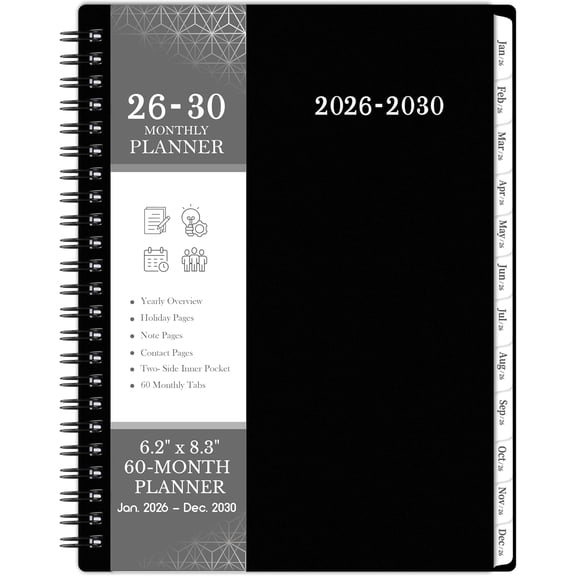 Monthly Planner Calendar, January 2026 To December 2030, 5-Year, 6.2 x 8.3 Inch, Twin-Wire Binding, Tabs, Storage Pocket, Black