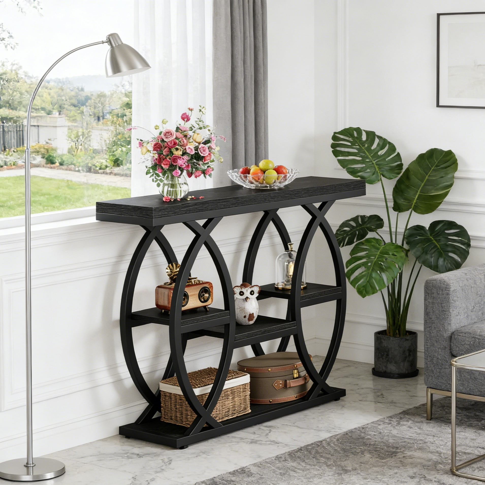 Fnova 39.4" Industrial Console Table, 4-Tier Retro Staggered Storage Shelves, Narrow Wood Accent Table with Metal Frame, for Small Spaces, Entryway, Sofa, Hallway