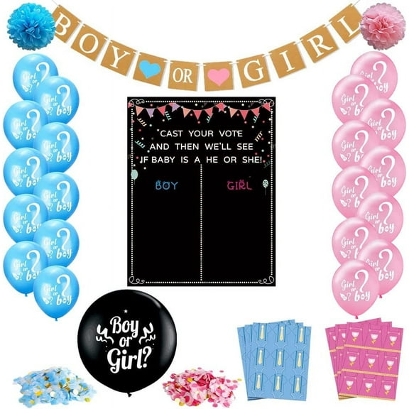 Baby Gender Reveal Decoration Set, Gender Reveal Party Poster Games with 54 Boy or Girl Voting Stickers, 26 Gender Reveal Party Supplies with Black, Pink, Blue Balloon, Baby Shower Banner