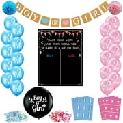 Baby Gender Reveal Decoration Set, Gender Reveal Party Poster Games with 54 Boy or Girl Voting Stickers, 26 Gender Reveal Party Supplies with Black, Pink, Blue Balloon, Baby Shower Banner, Confetti