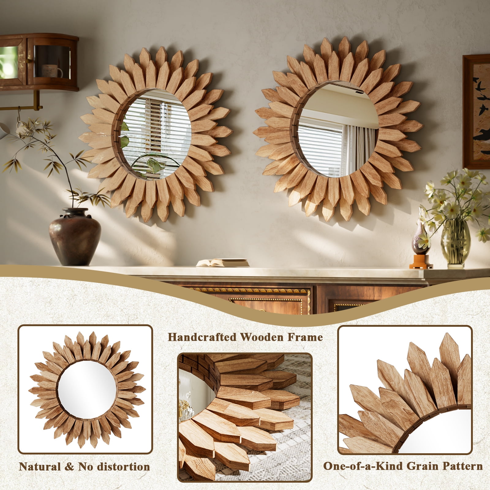 Easy4Home 20" Rustic Wood Mirror Wall Decoration Hanging Round Mirror,Light Brown