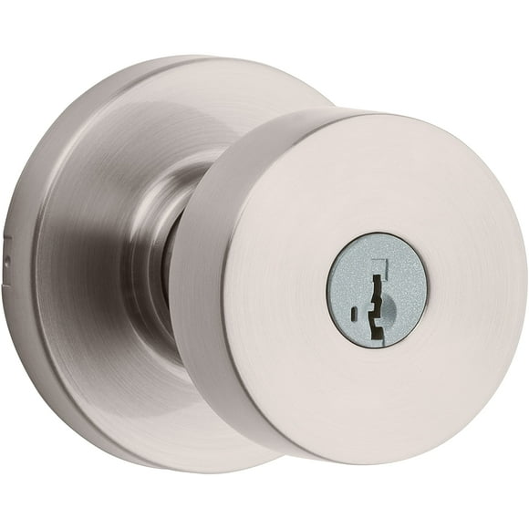 Kwikset Pismo Entry Door Knob with Lock and Key, Secure Keyed Handle Exterior, Front Entrance and Bedroom, Satin Nickel, Pick Resistant SmartKey Rekey Security and Microban