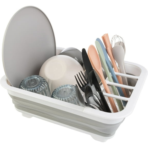 Wakeman Outdoors Collapsible BPA Free Dish Drying Rack Gray 5 by 14.25 by 12 with Utensil Holder