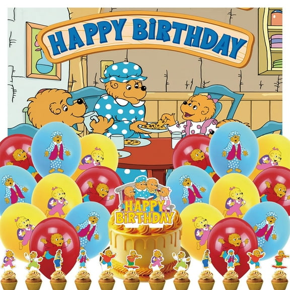 32 PCS For The Berenstain Bears Cartoon-Themed Party Decorations and Favors Set – Backdrop, 18 Balloons, and 13 Cupcake Toppers for Celebration Birthday Parties Supplies