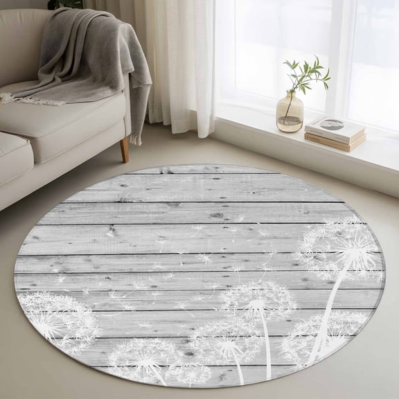 Round Rug 3.3Ft Washable Non-Slip, White Dandelion Circle Area Rugs for Living Room Bedroom, Spring Flowers Plants Vintage Gray Wood Indoor Floor Mats Carpet Runner for Home Decor Aesthetic