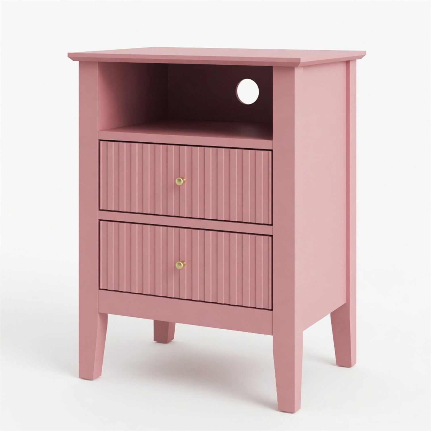 Hommoo 18"W Wooden Fluted Nightstand with 2 Drawers & Open Shelf, Modern Bedroom Sofa Side Table, Pink