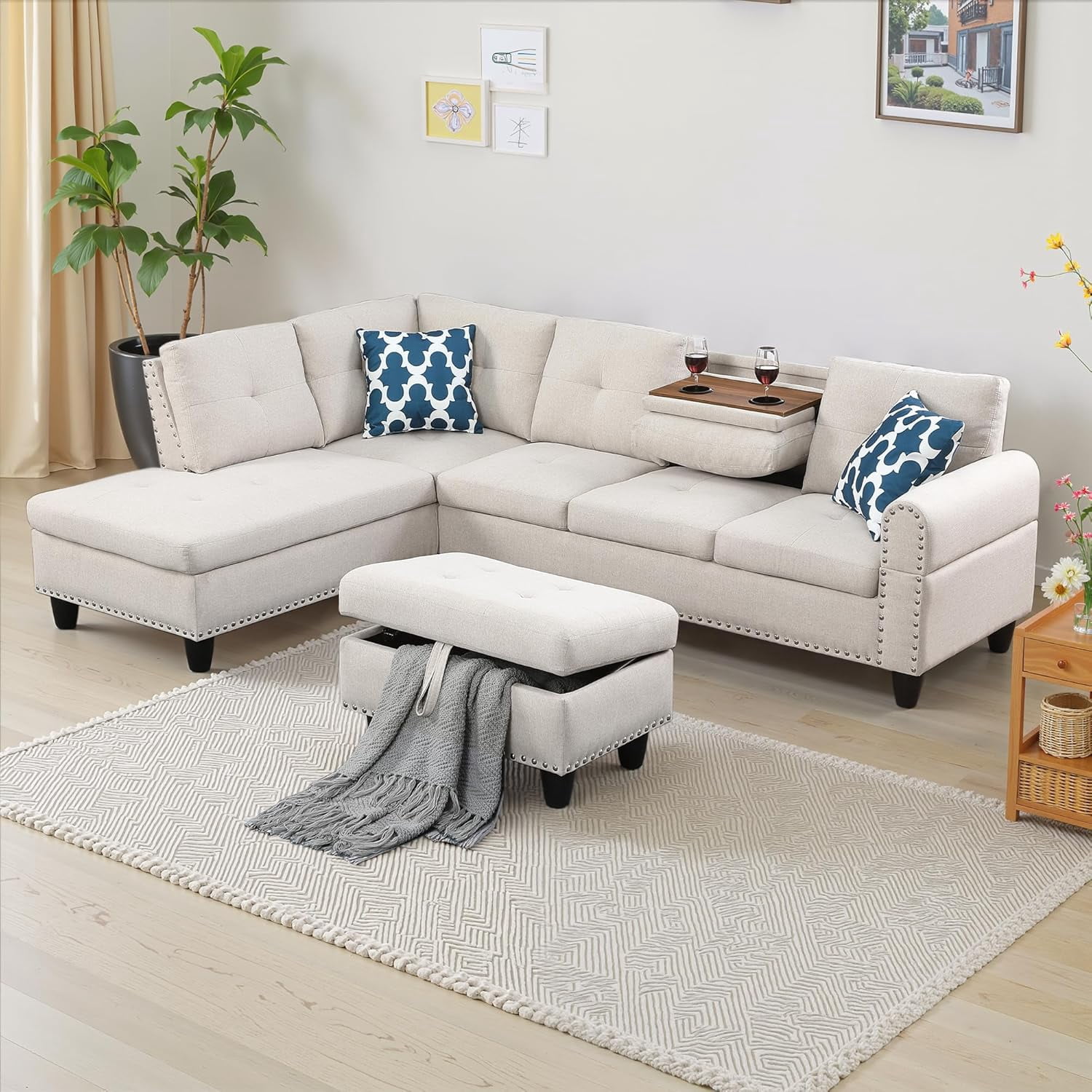 AENKYO 98" L-Shaped Sectional Sofa with Reversible Chaise, Storage Ottoman & Cup Holders, Faux Leather, Beige