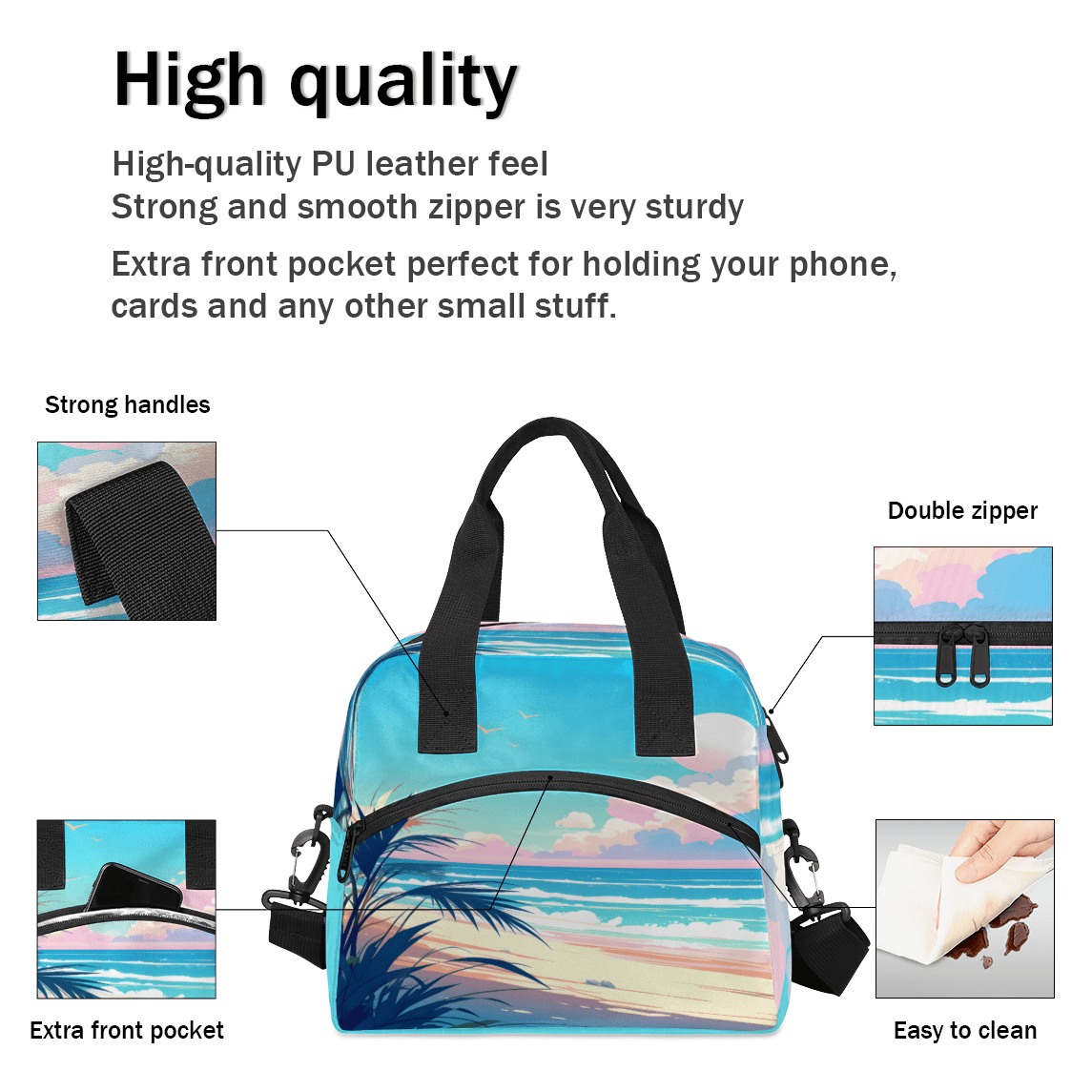 Herdesigns Tropical Beach Insulated Lunch Bag for Women Men Adults Large Reusable Lunch Box Summer Seaside Leakproof Cooler Tote Bags with Adjustable Shoulder Strap