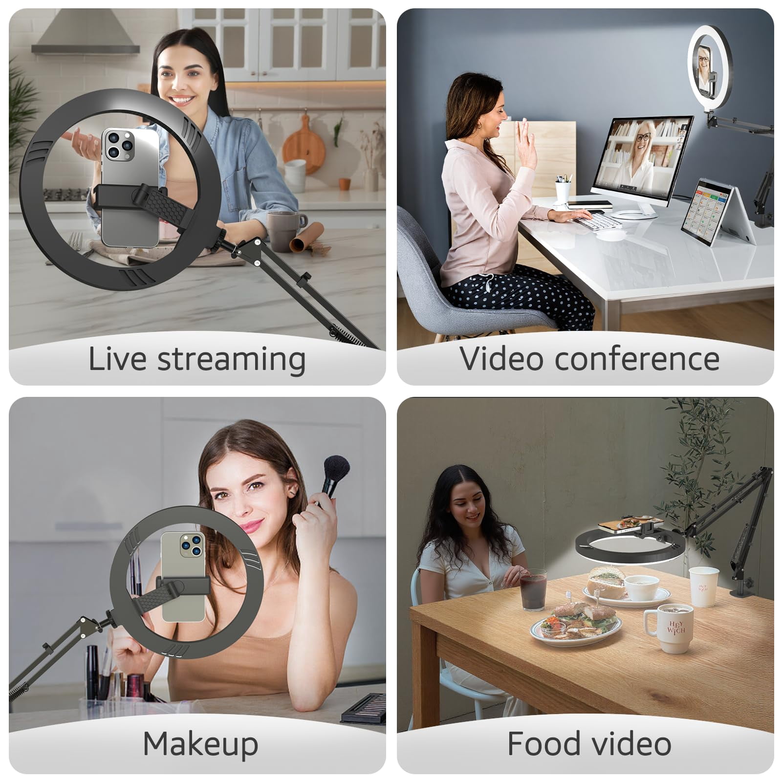 10" Led Ring Light With Overhead Phone Stand  Cri≥95 1200lm Dimmable Lighting Adjustable Metal Arm Remote & Holder For Streaming Makeup Zoom Calls Photography