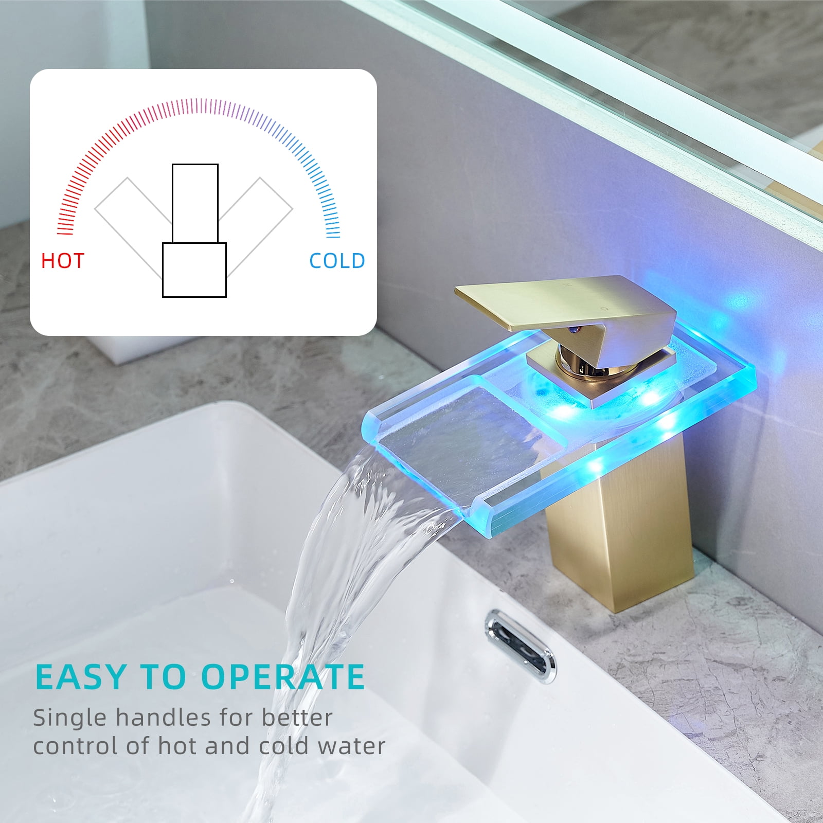 Bathroom Sink Faucet Led Light 3 Colors Changing Waterfall Glass Spout Hot Cold Water Mixer Single Handle One Hole Deck Mounted Bathroom Faucet Black Lavatory Vanity Basin Bath Plumbing