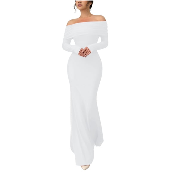 Women's Fall Off The Shoulder Maxi Dress Long Sleeve Elegant Bodycon Formal Wedding Guest Cocktail Prom Dresses