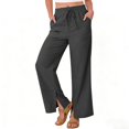 thumbnail image 5 of Pxxlle Linen Pants for Women Plus Size Wide Leg Summer Pant with Pockets Casual Drawstring Elastic Waisted Trousers for Beach Vacation Gray S, 5 of 9
