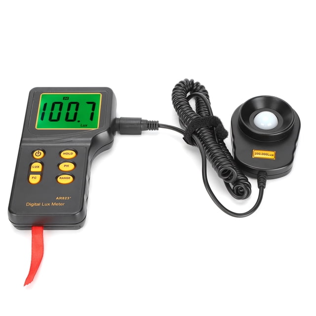 medidor de luminancia fotómetro de alta sensibilidad y alta precisión retención de datos portátil 3 engranajes para la industria para fábrica para laboratorio anggrek otros medidor portátil frontal con pantalla LCD verde que muestra 100.7, carcasa plástica negra, botones (HOLD, LUX, FC, RANGE) y sonda separada con cable en espiral y cápsula de sensor esférica; rango 1–200000 LX, conversión LX/FC y función de retención de datos, apto para pruebas de laboratorio e inspección de iluminación en estudio fotográfico.