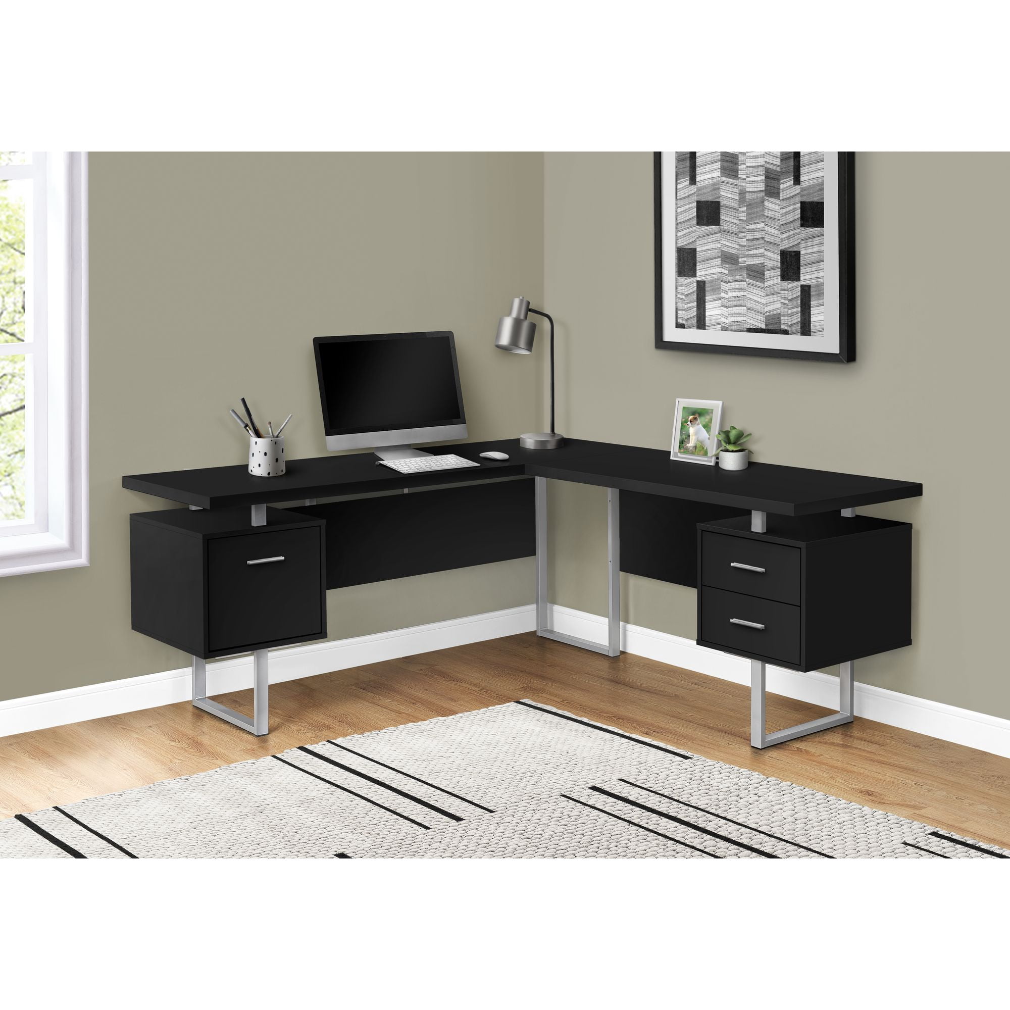 Contemporary Home Living 71" Black and Silver Contemporary Rectangular Corner Computer Desk