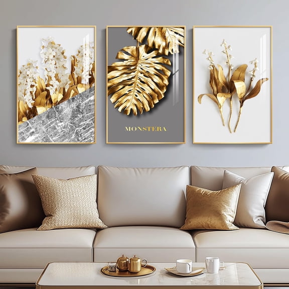 3-Piece Set 16x24 Inch Framed Modern Luxury Gold Wall Art, Golden Leaf Prints With Gold Frame For Living Room & Bedroom