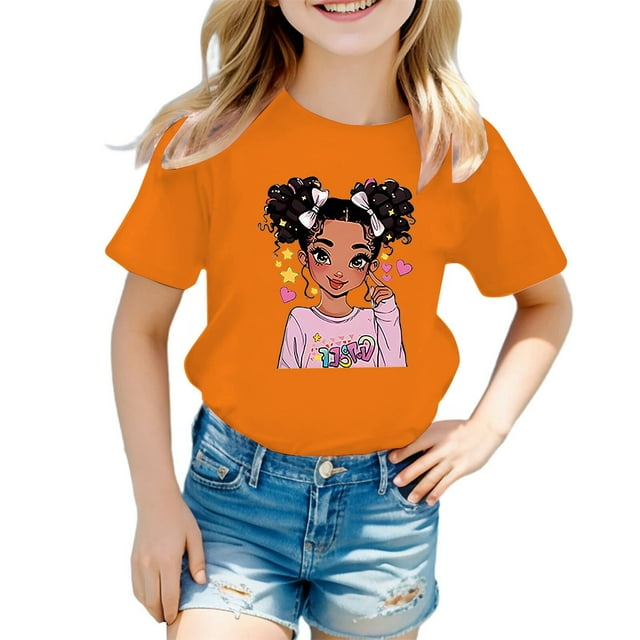 MEZZALL T-Shirt Graphique Mignon pour Fille, Col Rond, Manches Courtes, Tee d'Été Décontracté, T-Shirts Hauts, Orange, 3-4 Ans