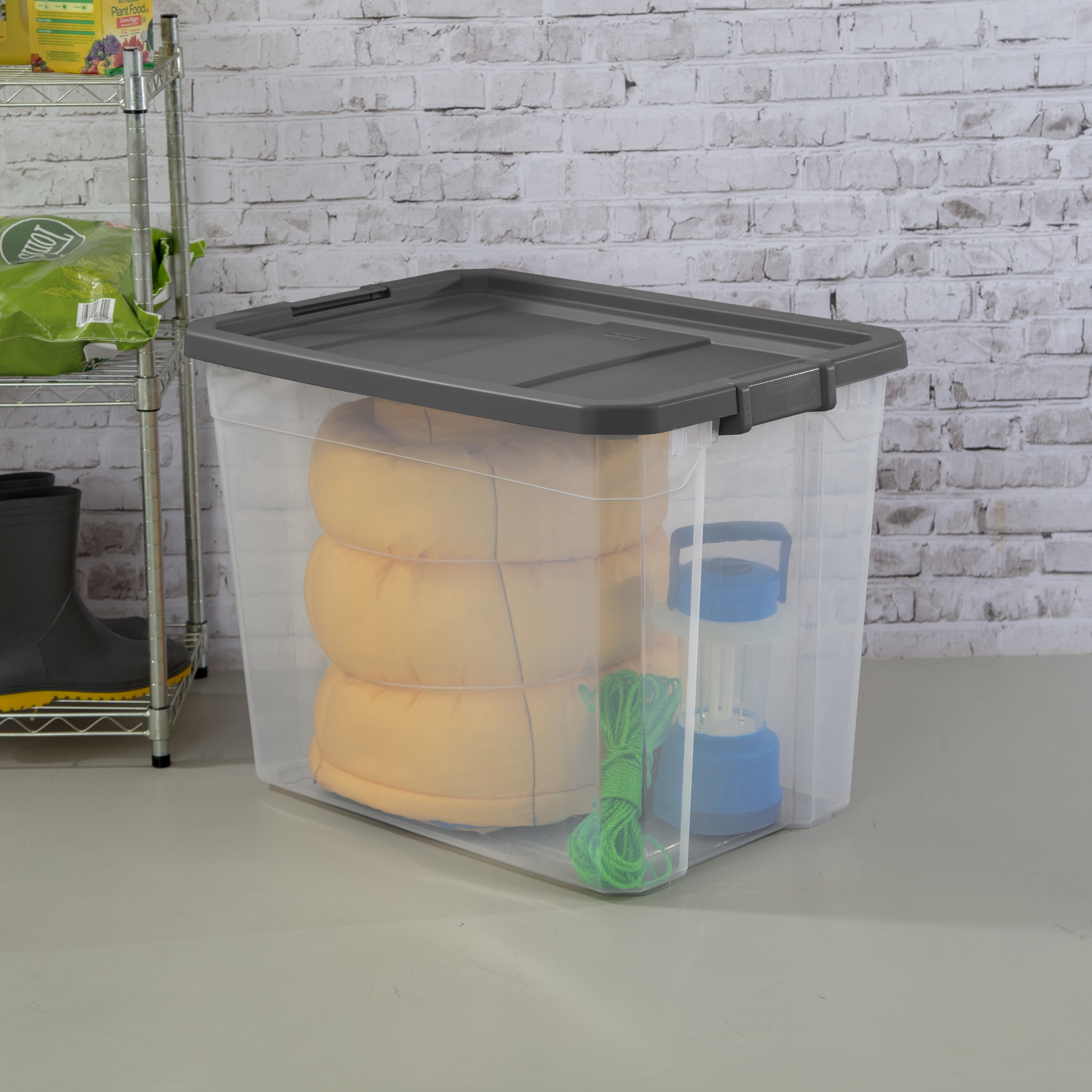 (2 pack) Sterilite 108 Quart Extra-Large Stackable Storage Bin, Clear Plastic Storage Container with Latch Lid, Dark Gray