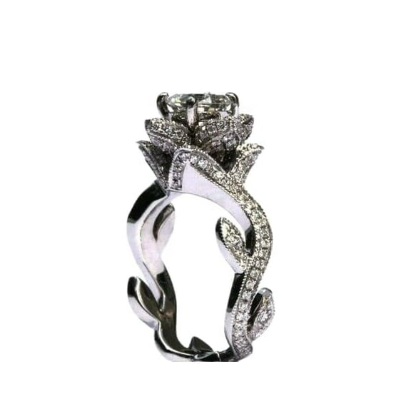 HeartsAndYou Flower Inspired Engagement Ring for Women 1.4ct Round Cut Moissanite 18k White Gold Over Silver