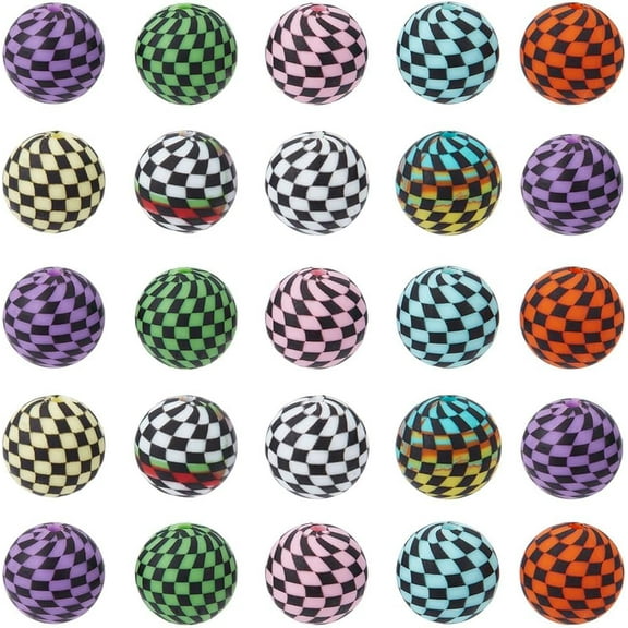 1 Box 45Pcs 9 Color 15mm Check Beads Checkered Focal Beads 15mm Bulk Large Soft Rubber Black White Tartan Loose Plaid Silicone Beads for Keychain Making Crafts Bracelets Pens Supplies Women