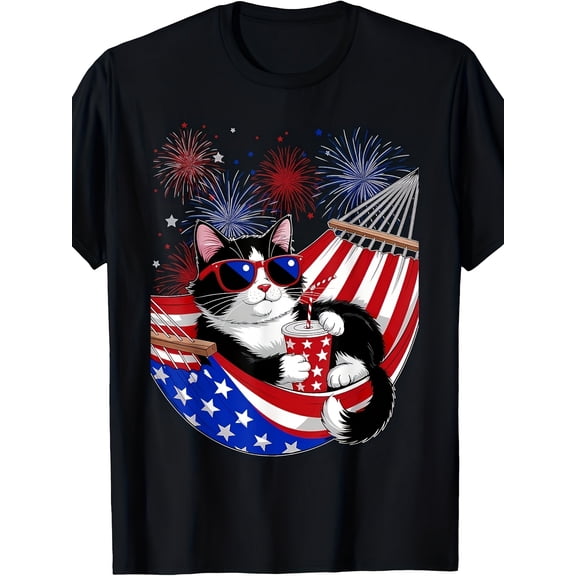 Patriotic American Flag Tuxedo Cat Graphic T-Shirt for Men 4Th of July Cool Tee 1pc S-XXXL