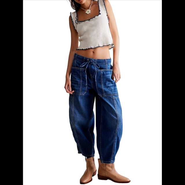 Pantalones Vaqueros Holgados de Tiro Bajo para Mujer, Informales, con Cintura Elástica y Bolsillos. Azul XL