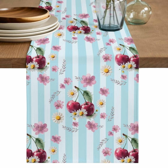 4th of July Table Runner 70 Inches, Independence Day Pink Floral Blue Striped Bed Runner Dresser Scarves Tabletop for Indoor Outdoor Parties/Ceremony/Banquet, 13" x 70"
