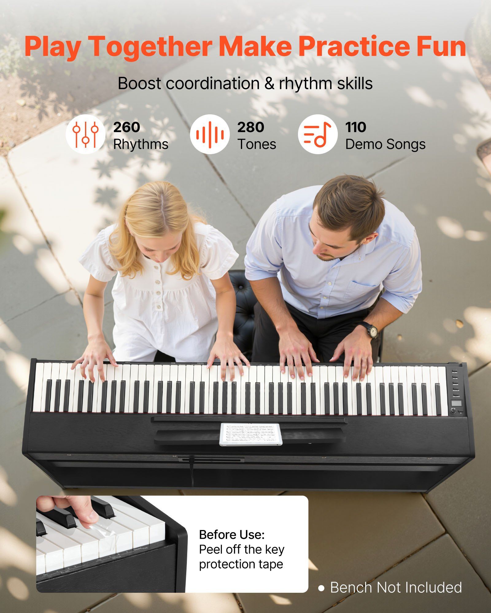 Weighted Digital Piano, 88 Keys Fully Weighted, Electric Piano Keyboard with Furniture Stand, Power Adapter, Triple Pedal, Record Function, 280 Tones, Wireless Connection, for Beginners, Black