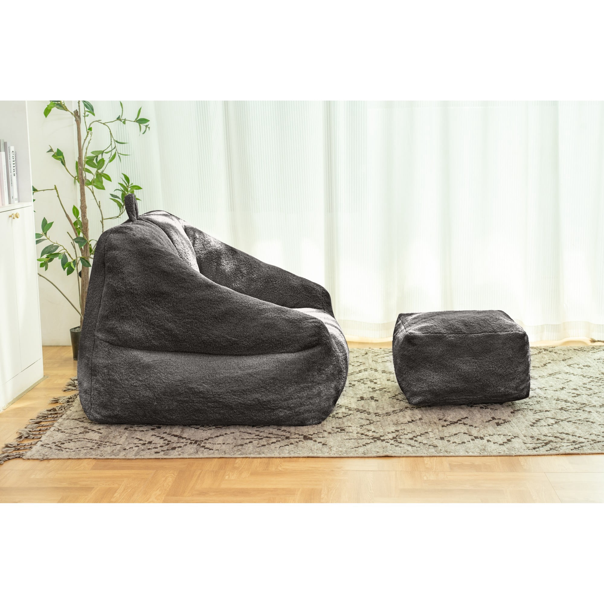 Bean Bag Chair for Adults,Upholstered Floor Sofa with Footstool,Large Lazy Sofa Plush Chair Bean Bag Couch for Bedroom Living Room,Black