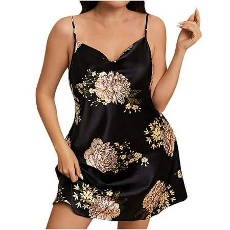 HomeGardon Clearance Women Satin Nightgown Babydoll Lingerie Dress Sexy Sleepwear Mini Slip Chemise Nightwear Women V-Neck Sling Ruffle Stain Camisole Pajamas Nightdress Sexy Lingerie Black XL-5XL