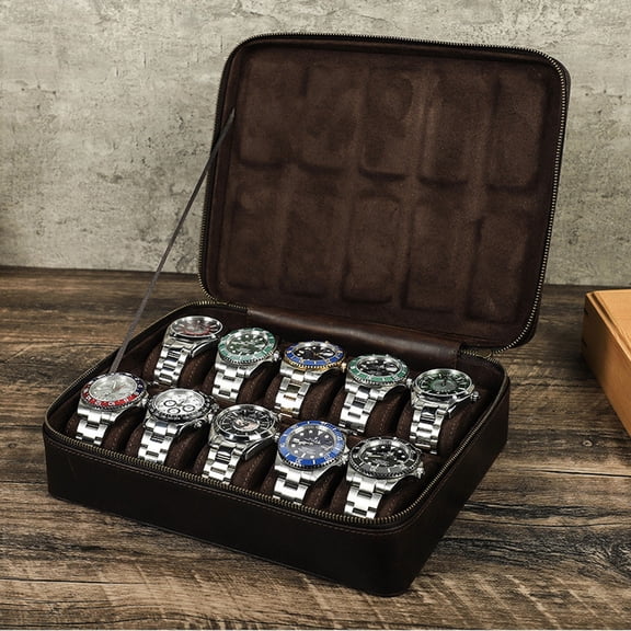 10-Slot Watch Box Organizer Case Handmade Vintage Crazy Horse Leather Travel Storage with Zipper Closure, “M” Cushions, and Fabric Strap for Men’s Luxury Watches
