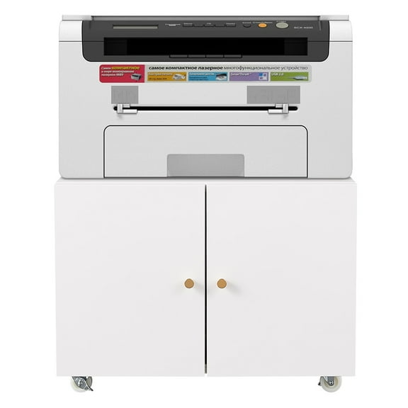 White Metal Printer Stand with Storage Mobile Printer Tables for Small Spaces with Door Adjustable Shelf File Cabinet on Wheels for Home Office.
