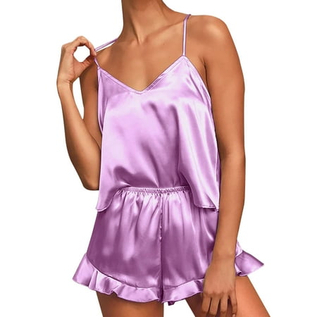 

Pajamas for Women Women S Casual Print Colorblock Frill Hem Set Housewear Sexy Suspender Vest Suit Purple M