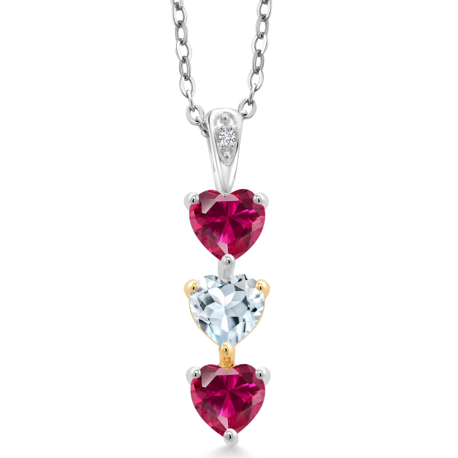 Gem Stone King Keren Hanan Lab Grown Diamond 3 Stone Heart Shape Pendant Necklace with Chain 1.62 Ct Red Created Ruby Sky Blue Aquamarine 925 Silver and 10K Yellow Gold