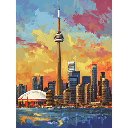 Toronto Cityscape Sunset Canvas Painting, Perfect for Living Room,Office, Hotel Lobby, and Modern Apartment Decoration.