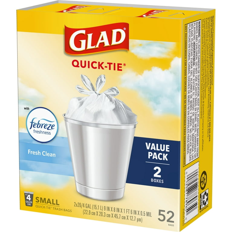  Glad Medium Quick-Tie Trash Bags, OdorShield 8 Gallon, Gain  Original with Febreze, 26 Count(Pack of 6) : Health & Household