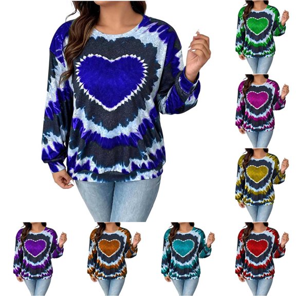 VBVC Women's and Women's Plus Tie Dye Heart Graphic Top , Ladies' Long Sleeve Crew Neck Pullover , Fall Winter Cute Sweatshirt For Women, M-6XL