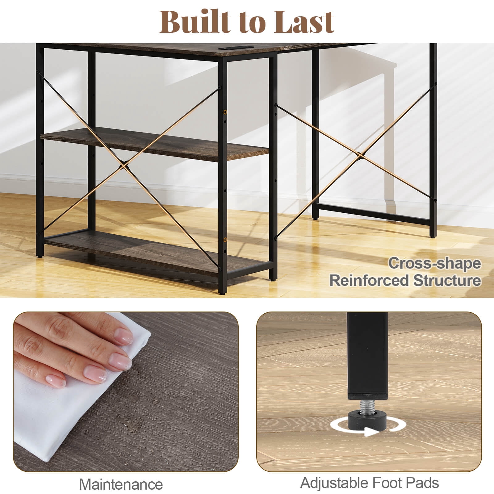 Costway 47" Reversible Corner Desk with Power Outlet Adjustable Side Storage Shelves Gray