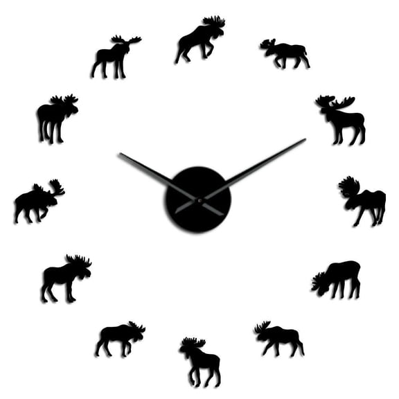 Moose Wall Hanging Clock With Quartz Movement Home Deco Christmas Gift Big Horned Deer Wild Life Animal Nature 3D DIY Wall Clock(Black,27inch)