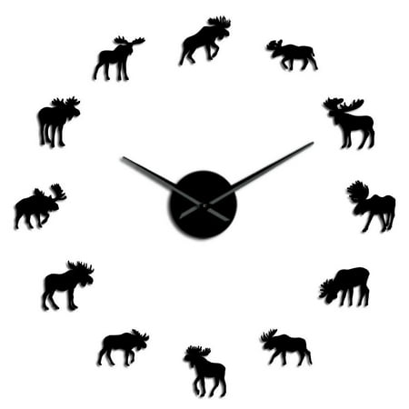 Moose Wall Hanging Clock With Quartz Movement Home Deco Christmas Gift Big Horned Deer Wild Life Animal Nature 3D DIY Wall Clock(Black,27inch)