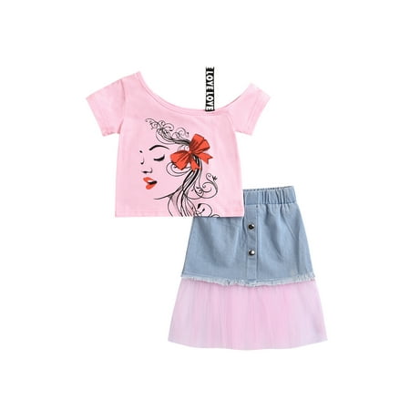 

Emmababy Toddler Baby Girls Summer Clothes Printed One Shoulder Crop Top Shirt+Tulle Denim Skirt Dress 2 Pieces Outfits Set