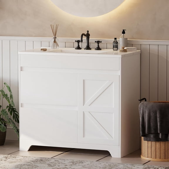 LAZZO 37" Bathroom Vanity with Ceramic Sink, Farmhouse Storage Cabinet with 2 Drawers & 2-Tier Cabinet, Modern Freestanding Under Sink Vanity, White