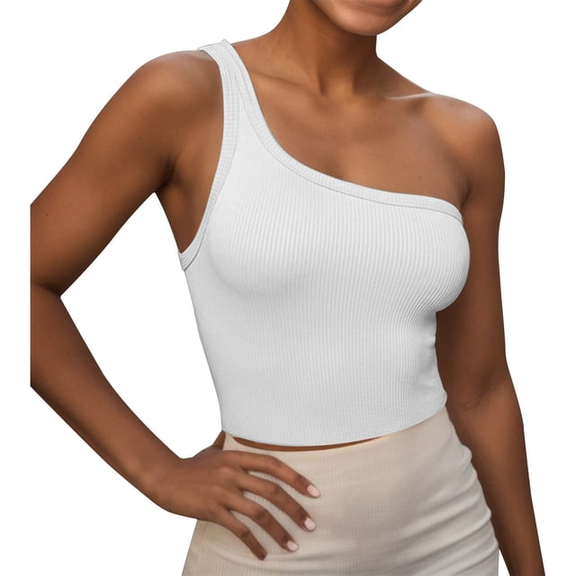 Gibobby Camisola de tiras sin mangas con un hombro acanalado corto recortado de color sólido a la moda para mujer(Blanco,M)