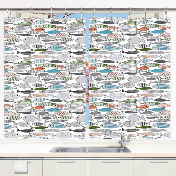 Fish Kitchen Curtains, Cute Funny Modern Multicolor Fish Kitchen Curtains for Kids, Coloful Fishes Kitchen Curtains for Living Room Bedroom Window Drape Treatment Fabric 2 Panels 27.5 x 39 Inch