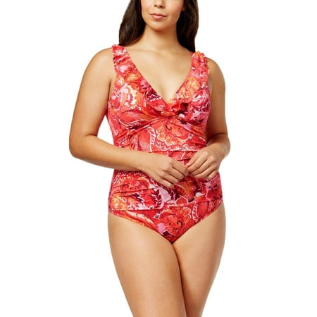 Ralph Lauren Women Plus Size Tummy Control One-Piece Swimsuit Coral Floral
