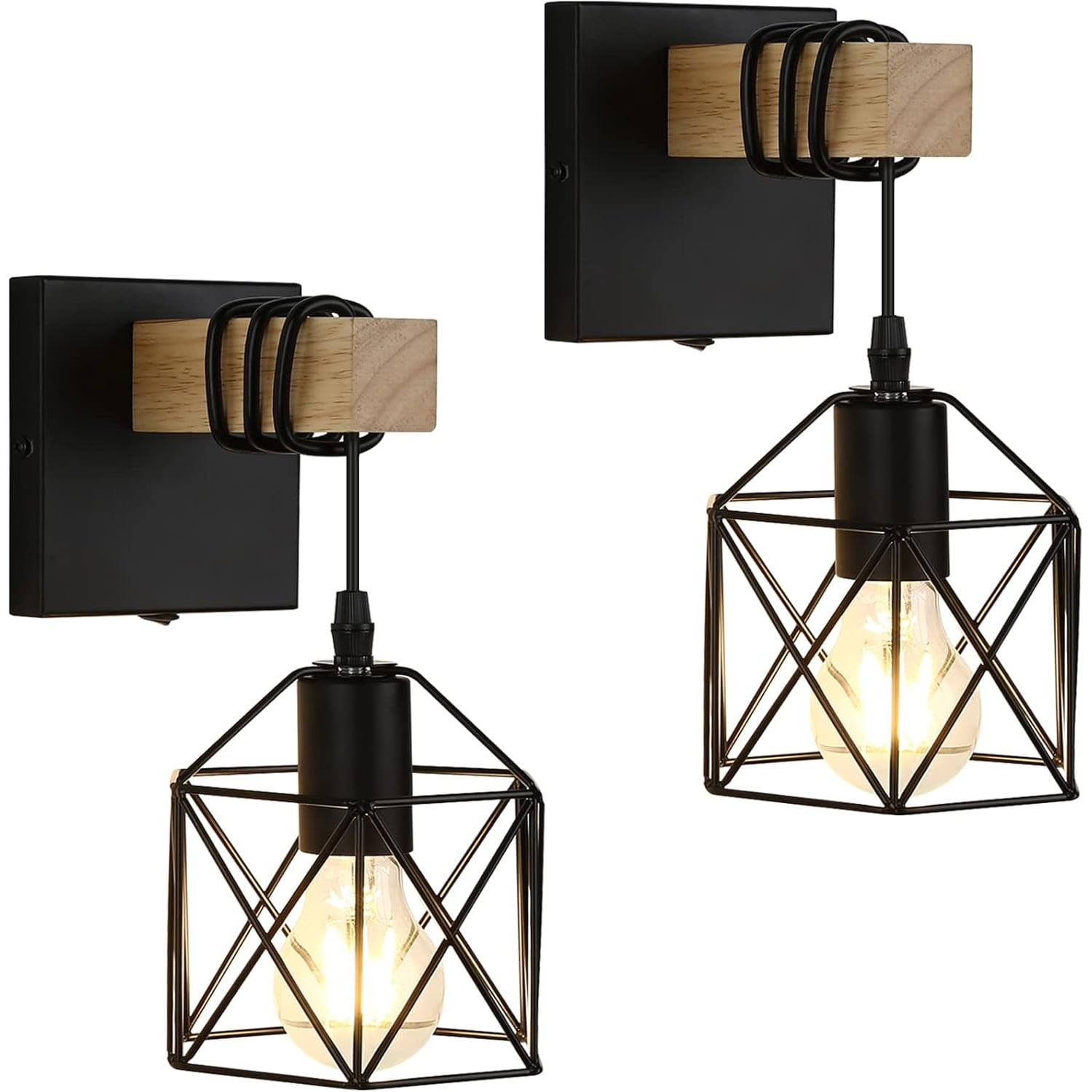 Black Wall Sconce with ON/Off Switch Pack of 2, Dimmable Cage Wall Mount Light Fixture Industrial Farmhouse Lighting