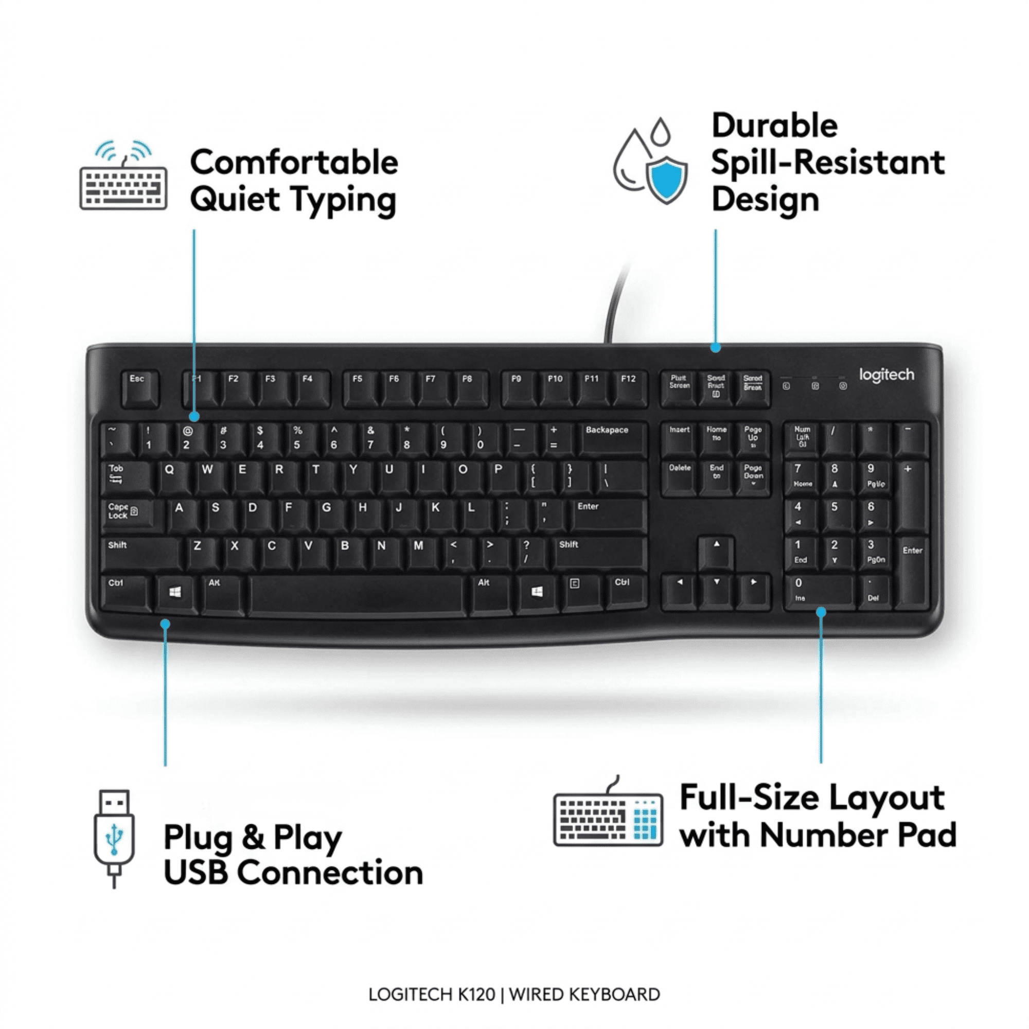 Logitech K120 Wired Keyboard (2 Pack), Full-Size USB Keyboard with Number Pad, Spill-Resistant, Quiet Typing, Plug and Play