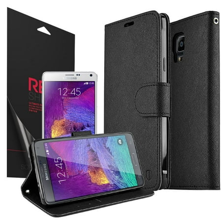 Samsung Galaxy Note 4 Case, [Black] Luxury Faux Leather Saffiano Texture Front Flip Cover Diary Wallet Case w/ Magnetic (Best Deal On Samsung Note 4)