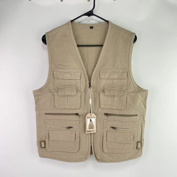 FERALIA Fishing vests,Men's Fishing Vest Zip Up Utility Safari Travel Vest Multi Pockets Outdoor Lightweight Work Photo Cargo Summer Vests - L